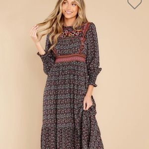 Red dress. Growing Value Black Floral Print Midi Dress. Nwt size m